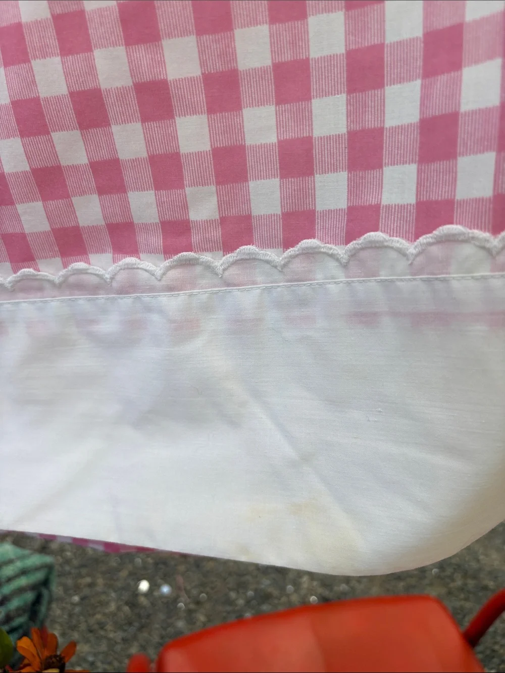 Vintage twin flat sheet Pink Gingham Home Bedding Curtain Panel White Trim BB